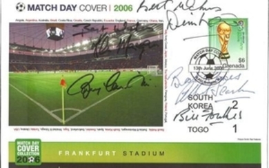 Football Match day cover 2006 Frankfurt Stadium South Korea v Togo PM 13th June 2006 signed by Bill Foulkes, Albert Scanlon,...