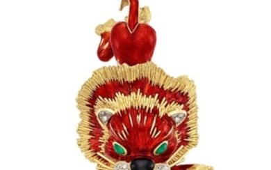 Gold, Red Enamel, Diamond and Dyed Green Chalcedony Lion Clip-Brooch, Frascarolo