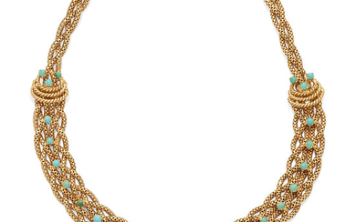 A gold and turquoise necklace