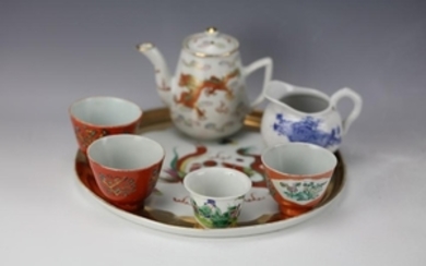 A Group of 8 Famille Rose Clay Teapot Cups and Tray