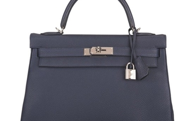 Hermès Bleu Nuit Retourne Kelly 28cm of Togo Leather with Palladium Hardware