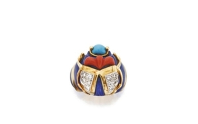 Lapis Lazuli, Coral, Turquoise and Diamond Ring, Donald Claflin for Tiffany & Co.