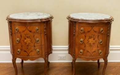 Marble Top Floral Marquetry Inlaid Commodes