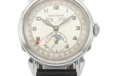Movado. A stainless steel manual wind triple calendar wristwatch