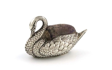 A novelty silver swan pin cushion, by Adie...
