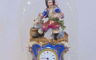 Paris porcelain buccaneer clock under glass dome, paint