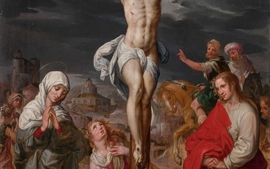 Pays-Bas, vers 1570-1580 Le Christ en croix entouré de la Vierge, de la Madeleine et de saint Jean