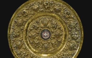 A Portuguese silver-gilt drinking bowl or salver, unmarked, circa 1500, with later cold painted coats-of-arms and foot, circa 1600