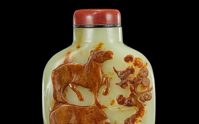 A rare yellow and russet jade 'horses' snuff bottle