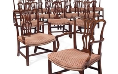 A SET OF FOURTEEN ENGLISH MAHOGANY DINING CHAIRS, TWO ARM AND EIGHT SIDE CHAIRS GEORGE III, CIRCA 1765-70, TOGETHER WITH FOUR SIDE CHAIRS OF A LATER DATE