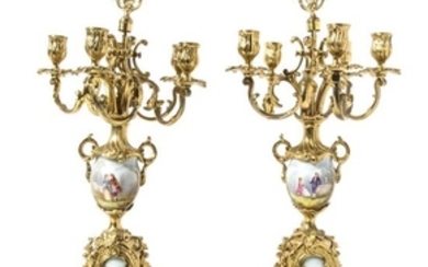 A Pair of Sevres Style Porcelain Mounted Gilt Bronze Six-Light Candelabra