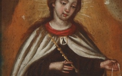 Spanish painter, 17th century: A saint. Unsigned. Oil on canvas. 30.5×19.5 cm.