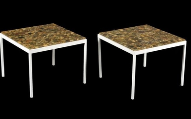 A pair of square travertine top lamp tables