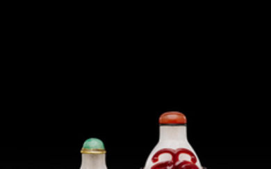 Two red overlay 'snowflake' glass snuff bottles