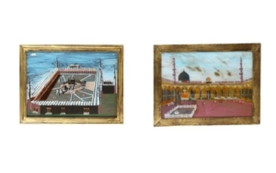 TWO REVERSE GLASS PAINTINGS OF MECCA AND MEDINA...