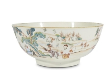 An unusual Chinese export porcelain punch bowl decorated with...
