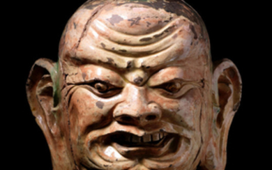 A very large polychrome-glazed pottery head of a Luohan