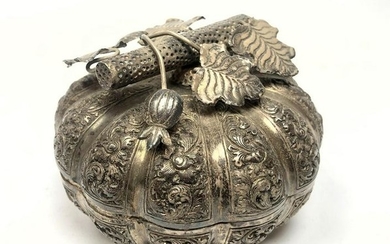 900 Silver Decorated Covered Pumpkin-Shaped Box. THAN D