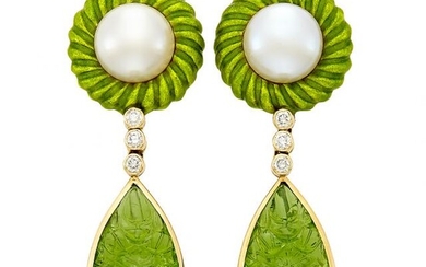 Pair of Gold, Button Cultured Pearl, Diamond, Lime Green Enamel, Diamond and Carved Peridot Pendant-Earclips