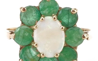 9ct gold emerald and opal flower head ring, size N, 2.5g