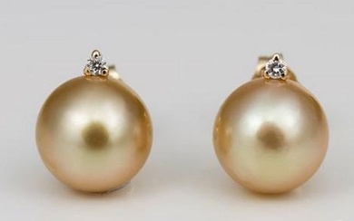 9x10mm Deep Golden South Sea Pearls - 14 kt. Yellow gold - Earrings - 0.04 ct