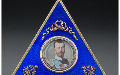 A 14K Vari-Color Gold, Guilloché Enamel, and Diamond-Mounted Clock in the Manner of Fabergé (late 20th century)