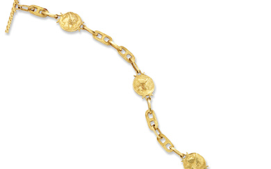 A 14ct gold bracelet, reproduction Greek coins, joined by trace...