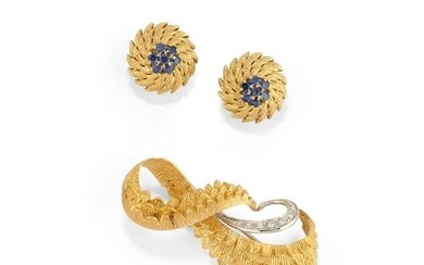 A 18K tow color gold, diamond and sapphire brooch and earrings