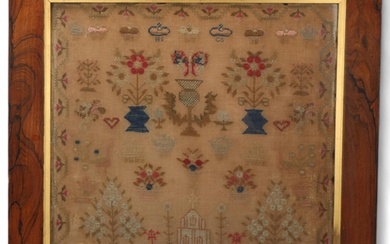 A 19th century needlework sampler, rosewood frame, overall 6...