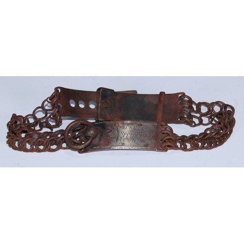 A 19th century steel dog collar, inscribed Tickell, 58 Upper...