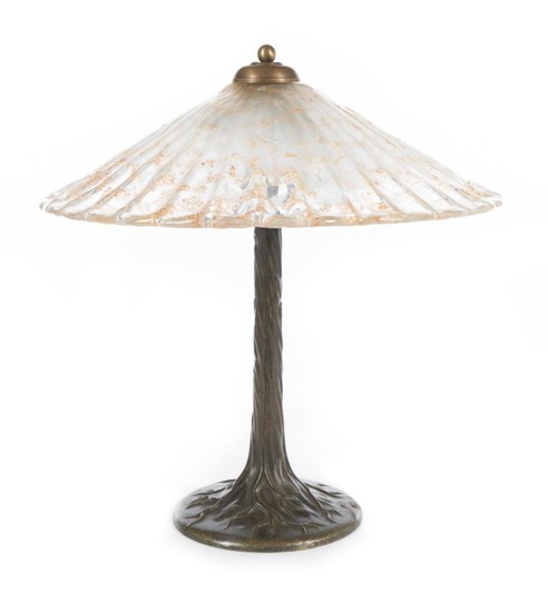 A BRONZE TABLE LAMP WITH MOULDED GLASS SHADE WITH GOLD FOIL INCLUSIONS, 64CM H X 60CM DIAMETER