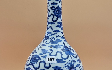 A CHINESE BLUE AND WHITE BOTTLE VASE PAINTED WITH RIBBON TIED PRECIOUS OBJECTS AMONGST CLOUDS. H