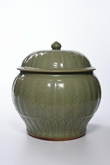 A CHINESE CELADON RIBBED JAR AND COVER, CHINA