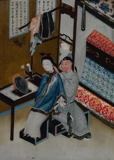 A CHINESE EXPORT REVERSE GLASS PAINTING OF A COUPLE, LATE 19TH / 20TH CENTURY