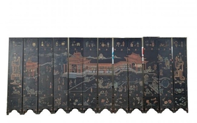 A Chinese 12 panel 9'H high coromandel lacquer screen