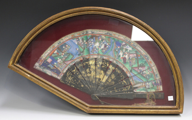 A Chinese Canton export lacquer folding fan, mid to late 19th century, the lacquer guards and fourte