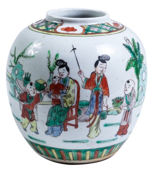 A Chinese "Famille Verte" porcelain vase with infants,...