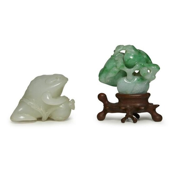 A Chinese carved celadon jade toad and pomagranate