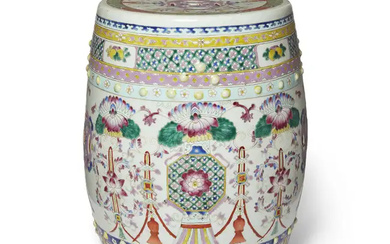 A Chinese famille rose 'lotus' barrel form stool Qing dynasty, late 19th...