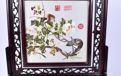 A Chinese silk embroidery held in a Chinese hardwood frame 49 x 42 cm ..
