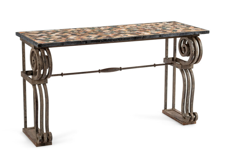 A Continental Iron Console Table with a Specimen Marble Top