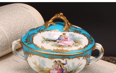 A Continental porcelain eculle and cover, painted with court...