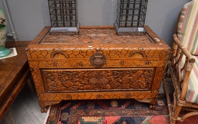 A DECORATIVELY CARVED CHINESE CAMPHOR WOOD CHEST (61 X 100 X 53CM)