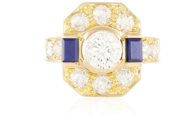 A DIAMOND AND SAPPHIRE RING The central brilliant-cut...