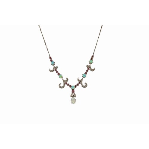 A DIAMOND, PINK SAPPHIRE AND OPAL NECKLACE, mounted in 18ct ...
