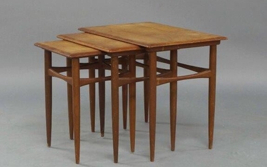 A Danish teak nest of tables in the manner of Kai Kristiansen, c.1960, with graduated rectangular top on cylindrical tapering legs united by stretchers, largest, 48c, high, 58cm wide, 39.5cm deep