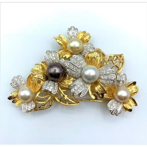 A Diamond encrusted 18ct Gold Brooch with 3 colours of Natur...