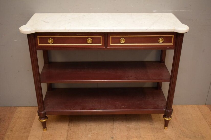 A FRENCH LOUIS XVI MAHOGANY MARBLE TOP CONSOLE TABLE C.1950'S M.HIRCH (A/F) (96H x 120W x 40D CM) (PLEASE NOTE THIS HEAVY ITEM MUST...