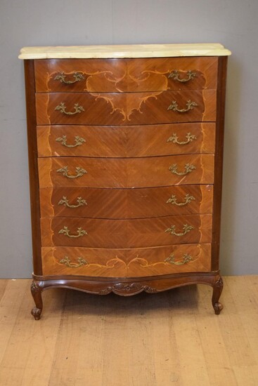 A FRENCH STYLE DECORATIVELY INLAID MARBLE TOP SEVEN DRAWER CHEST OF DRAWERS (126H X 100W X 50D CM) (PLEASE NOTE THIS ITEM MUST BE RE...