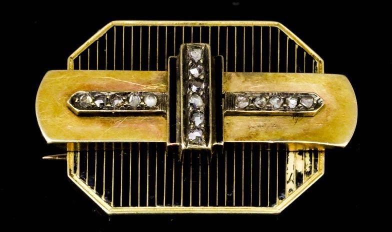 A French 18ct Gold, Black Enamel and Diamond Brooch,...
